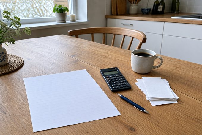 Køkkenbord med tilbud, lommeregner og kvitteringer klar til fradragsopgørelsen
